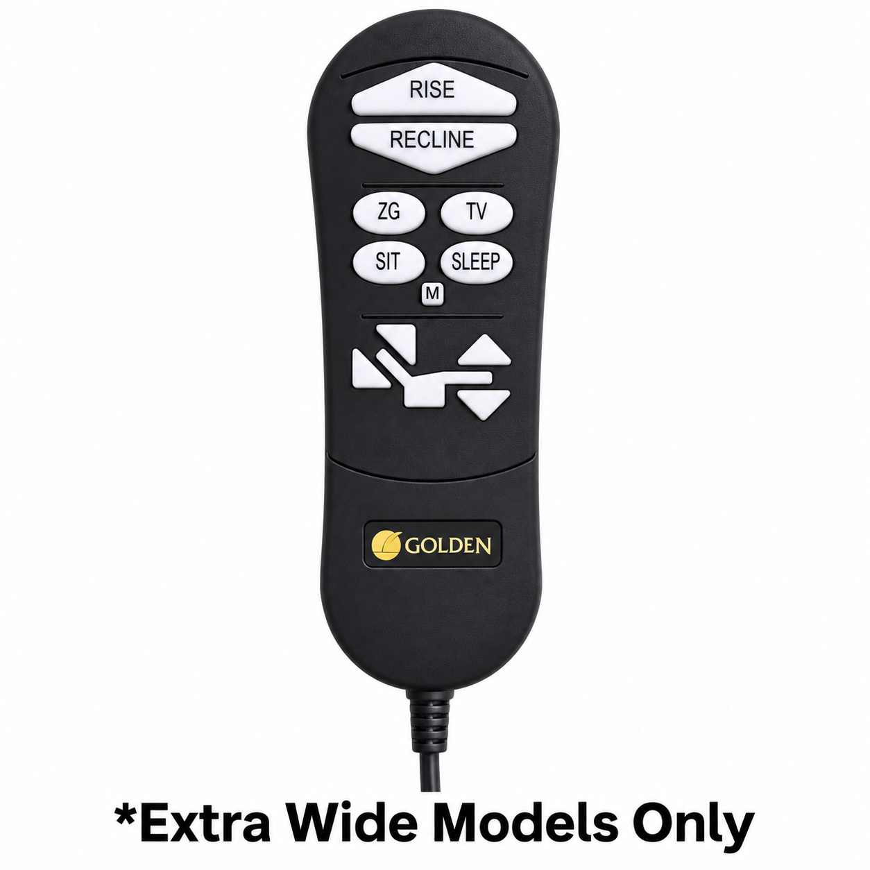 Black Golden Technologies Lift Chair Remote Replacements with buttons labeled Rise, Recline, ZG, TV, Sit, and Sleep, positioned above the text Extra Wide Models Only.